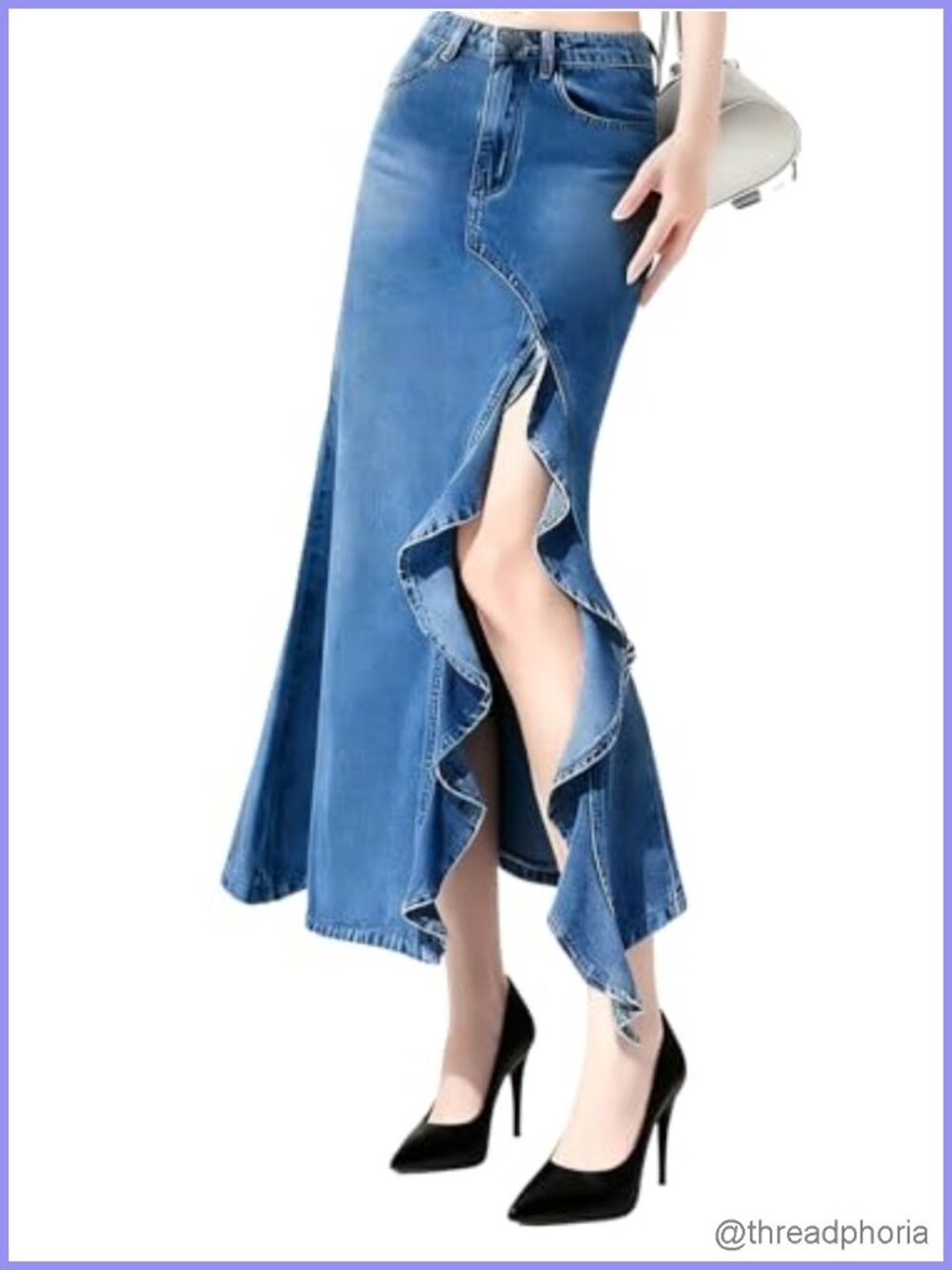 Fishtail Denim Skirt High Waist Ruffle Stretch Slit Mermaid Jean Skirt